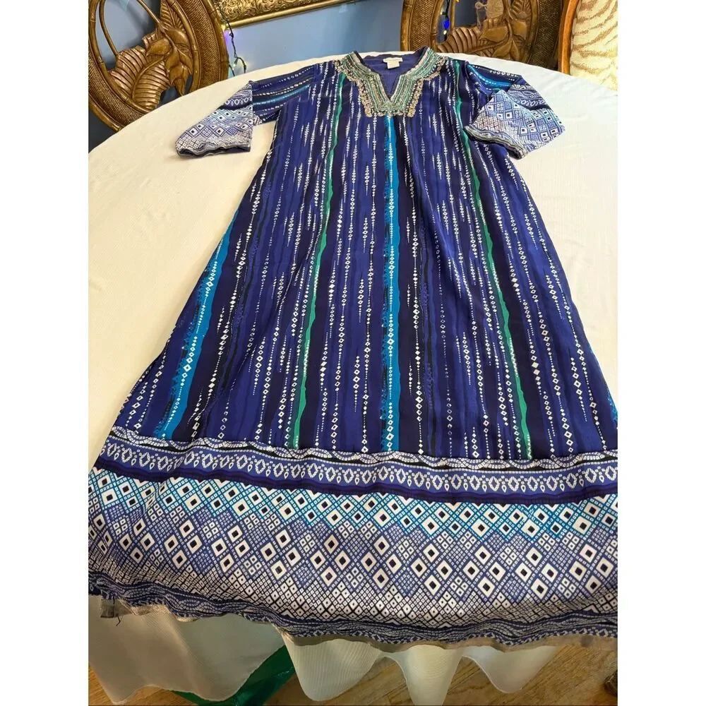 Soft Surroundings Women’s Blue Embellished Kaftan Maxi Dress Size Large